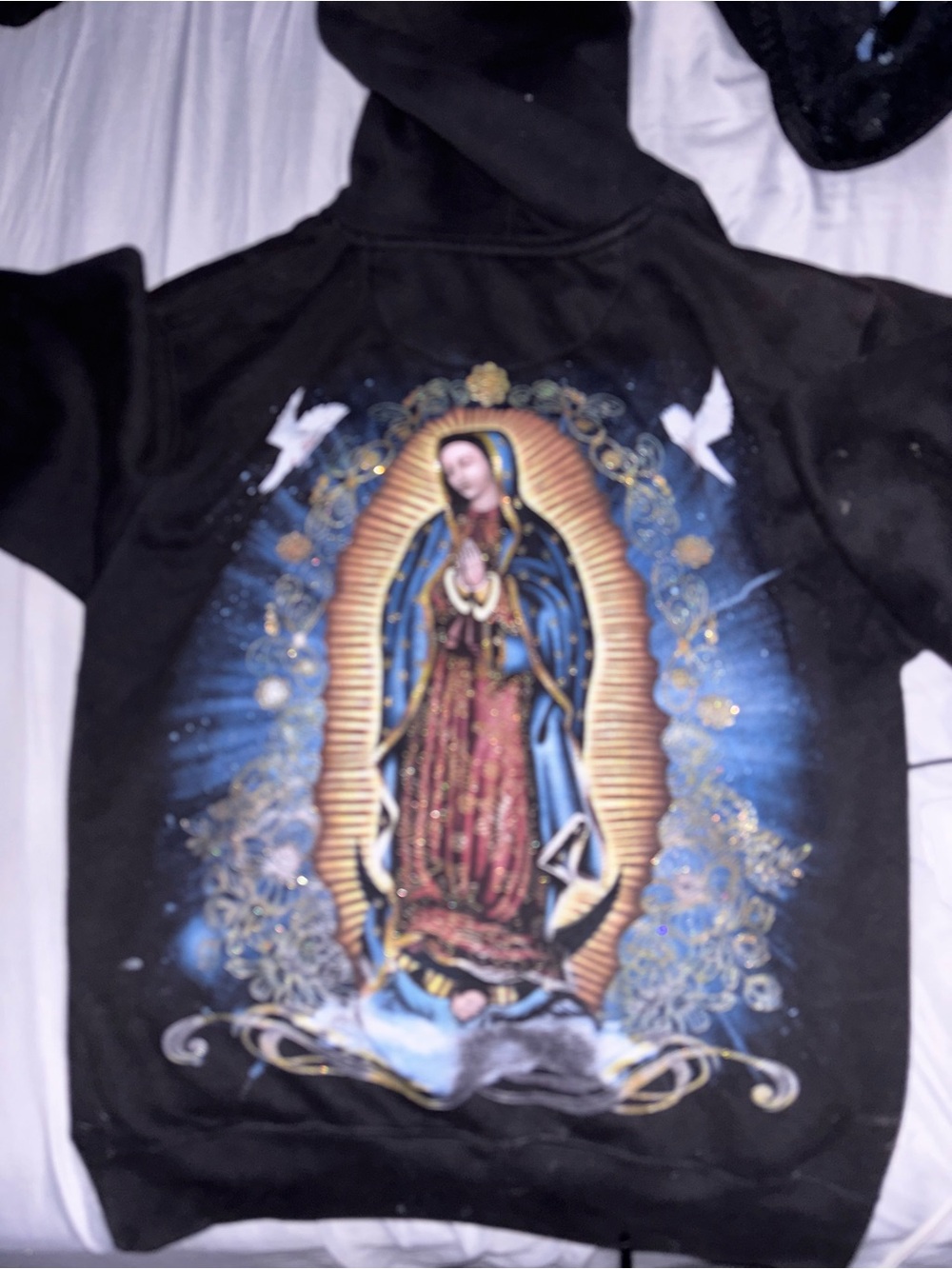 & Other Stories Black Hoodie with Blue and Gold Religious Graphic